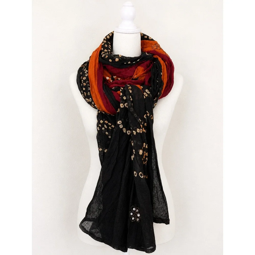 Gypsy Sheer Scarf Delicate Silver Sequins Rectangle 42 x 96 Maroon Black Orange